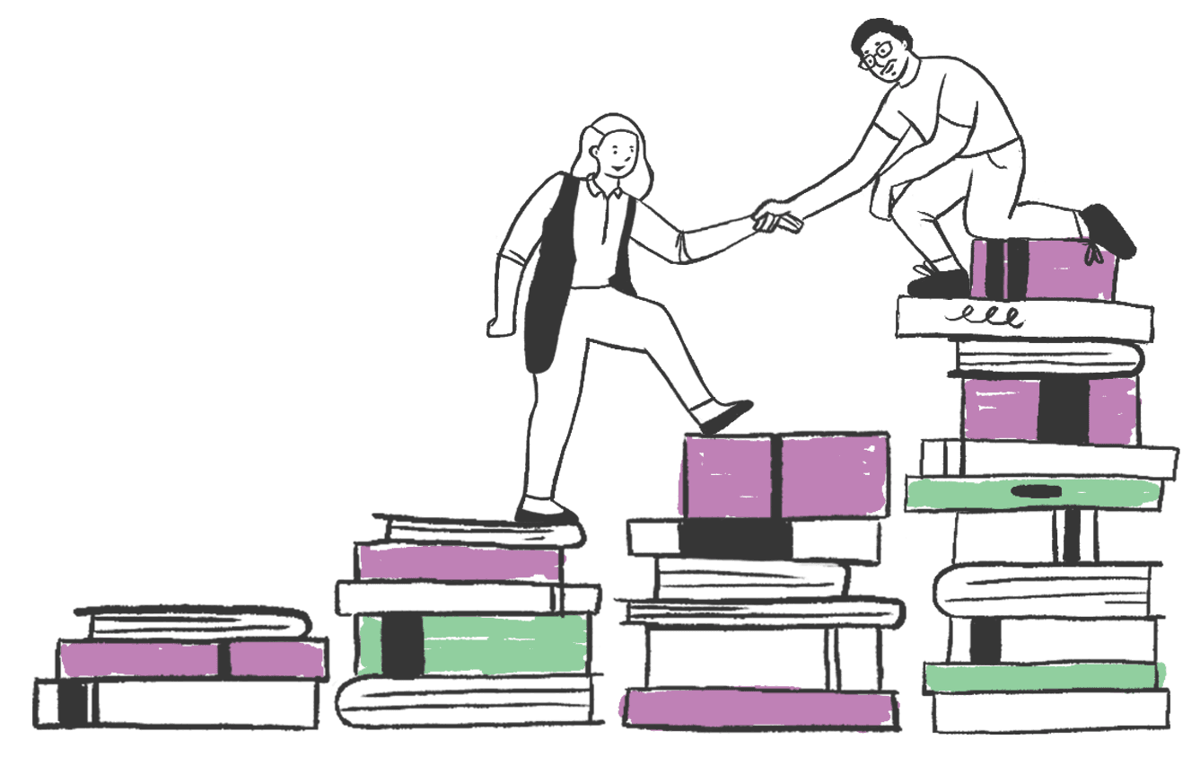 Ilustración de 2 personas ayudándose a subir un monte de libros