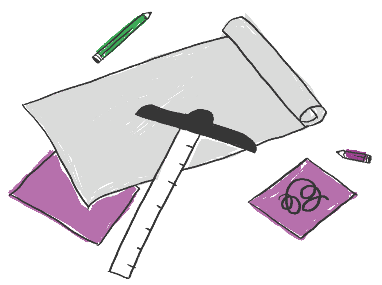 Ilustración de una regla T con varias hojas de papel y un lapiz