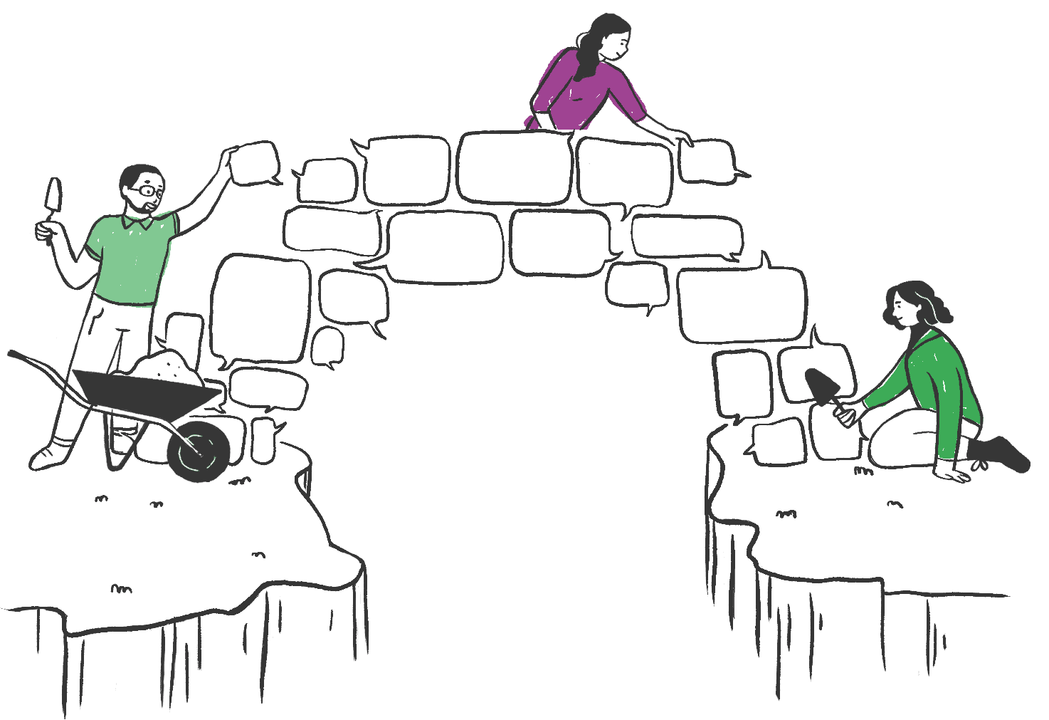 Ilustración de 3 miembros del equipo de Data Cívica construyendo un puente de burbujas de diálogo