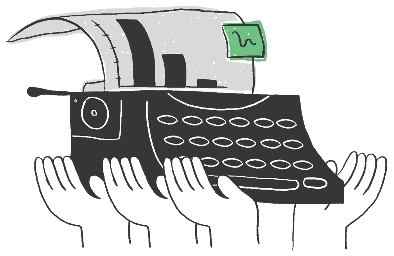 Ilustración de 3 miembros del equipo de Data Cívica construyendo un puente de burbujas de diálogo