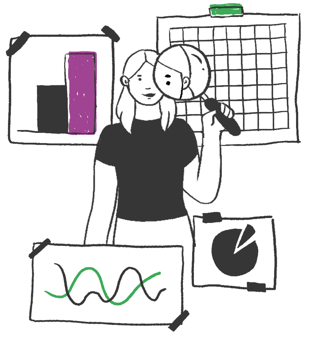 Ilustración de de una miembro de Data Cívica con una lupa y diferentes gráficas impresas en el fondo