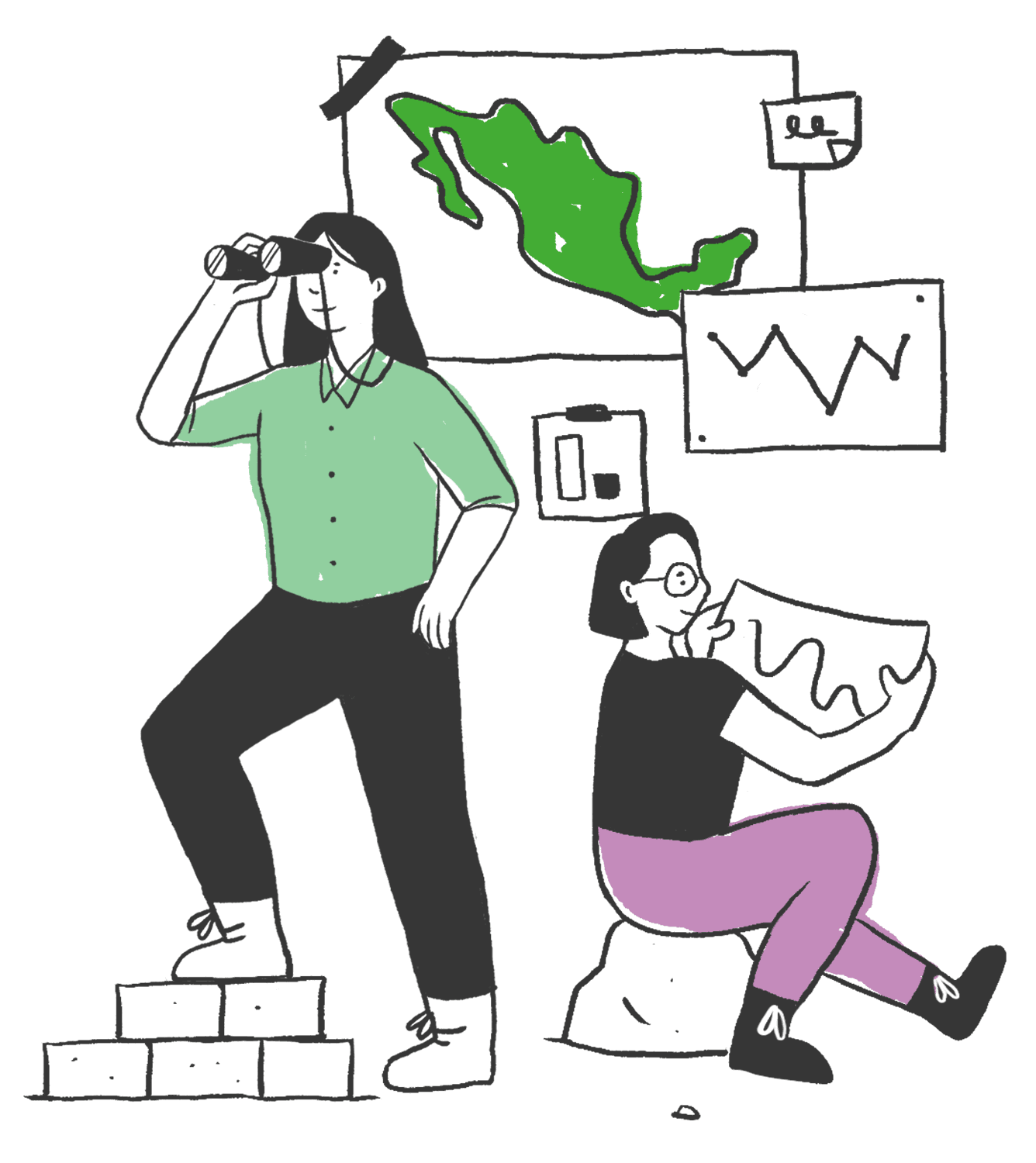 Ilustración de 3 miembros del equipo de Data Cívica construyendo un puente de burbujas de diálogo